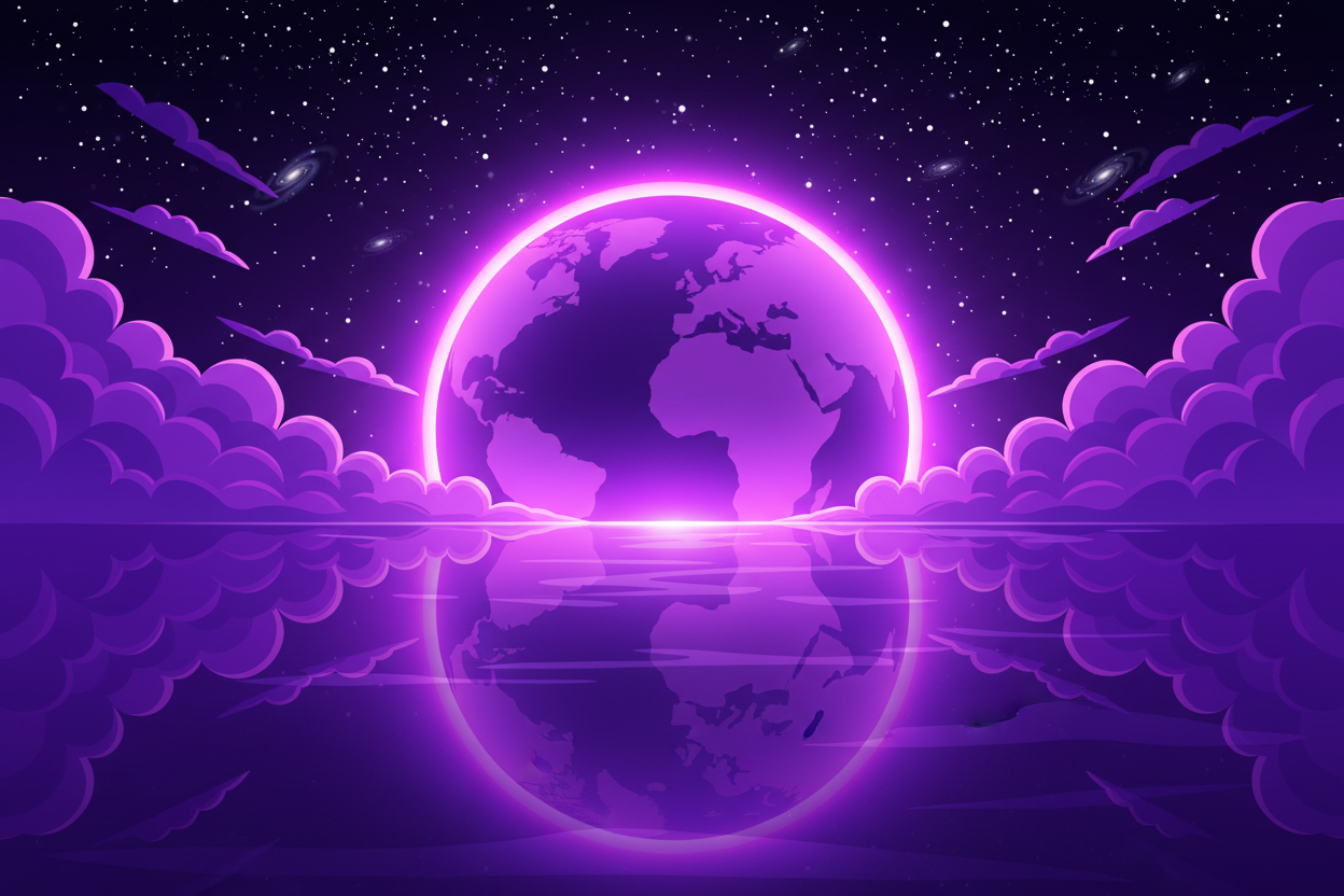 Purple planet rising over water with starry night sky